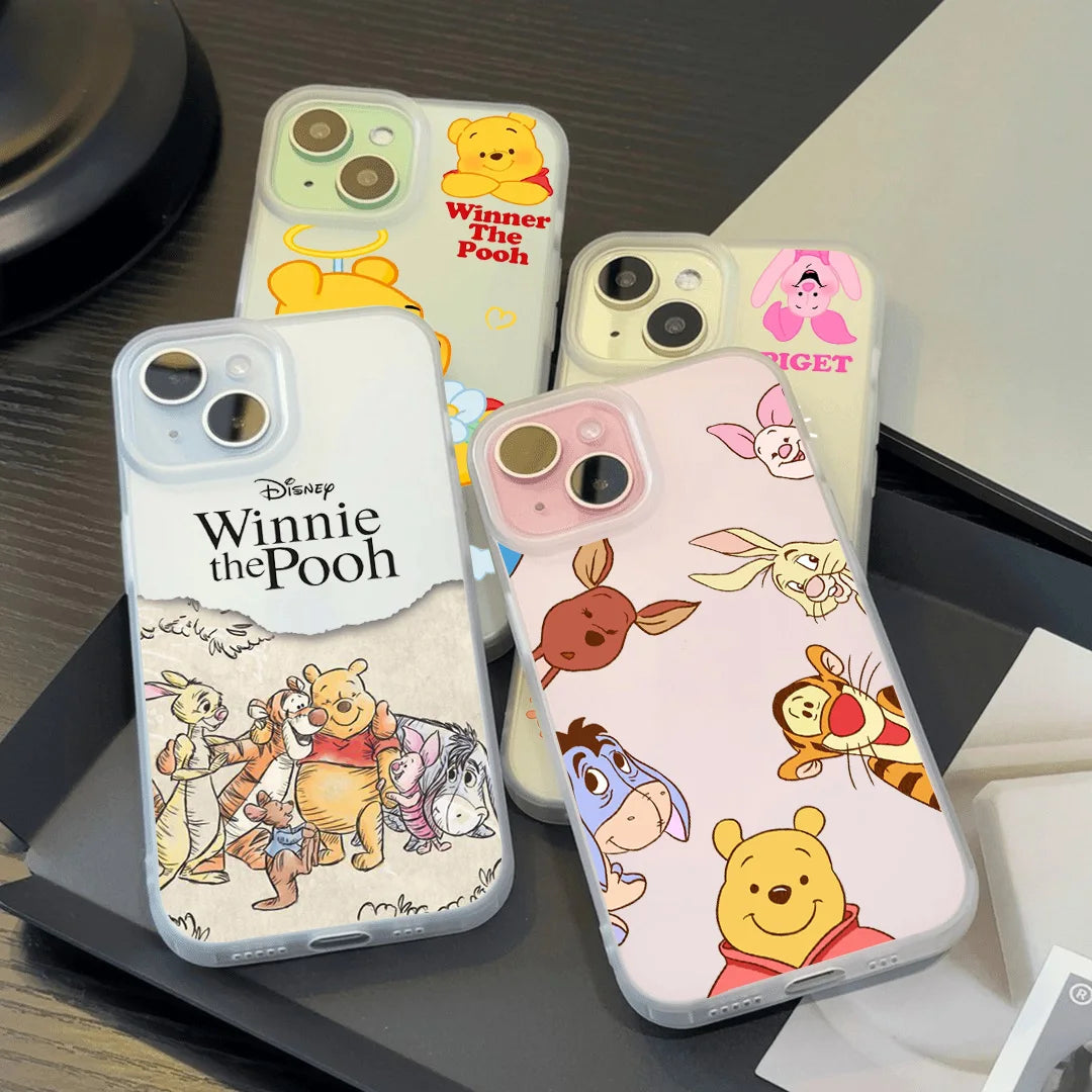 Cartoon Winnie the Poohs Transparent Frosted Shockproof phone Case For iPhone 16E 16 15 14 Plus 13 12 11 7 8 Plus Pro X XR Max
