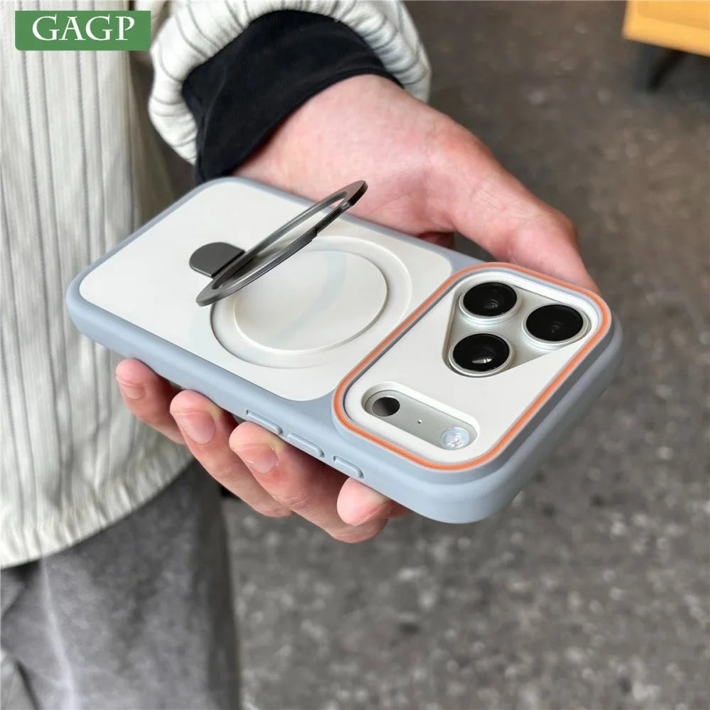 Luxury Metal Ring Holder For Magsafe Case For iPhone 17 Pro Max 16 Plus 15 Pro 14 13 12 11 Magnetic Matte Bumper PC Cover Funda