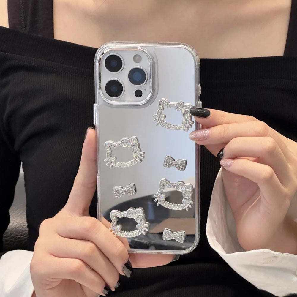 Luxury Kitty Bowknot Make Up Mirror Metal Camera Phone Case for iPhone 17 16 Pro Max 15 Pro 14 Plus 16 13 12 11 Pro XS XR SE 2 3