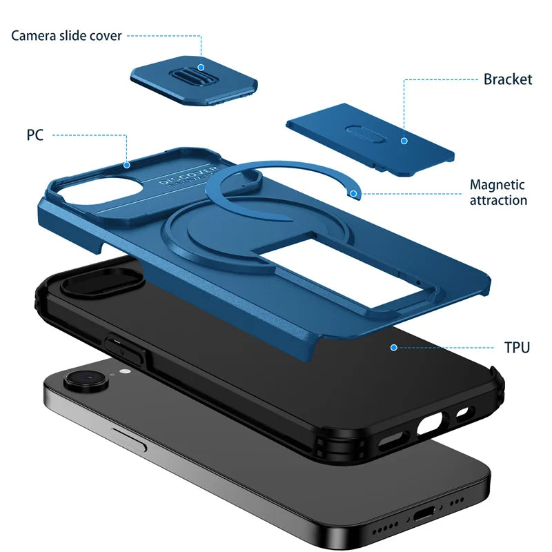 Armor Shockproof Case For Apple iPhone 17e 16e Cover Magnetic Wireless Chraging Fold Stand Shell Fundas