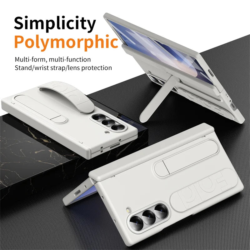 Wristband Holder Hinge Phone Case For Samsung Galaxy Z Fold 8Ultra 8 7 6 5 4 3 5G With Pen Slot & S Pen Screen Protect Film Cove