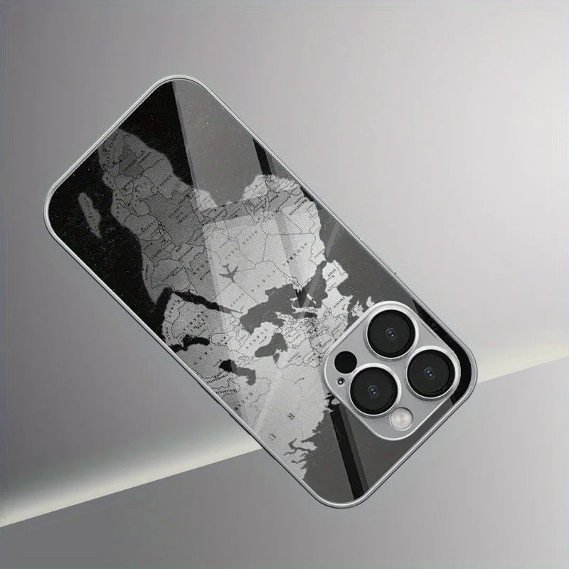 Minimalist Creative World Map Design Glass Electroplated Phone Case For iPhone 11 12 13 14 15 16 17 Pro Max Plus 16E 17Air Cover