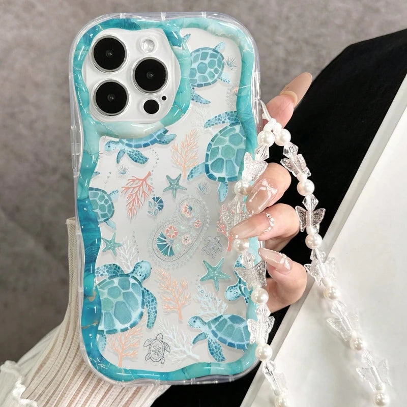 Sea Turtle Underwater World Wave-Shaped Phone Case For iPhone 17 16 15 14 13 12 11 Pro Max 16E 17E Bowknot Lanyard Clear Cover