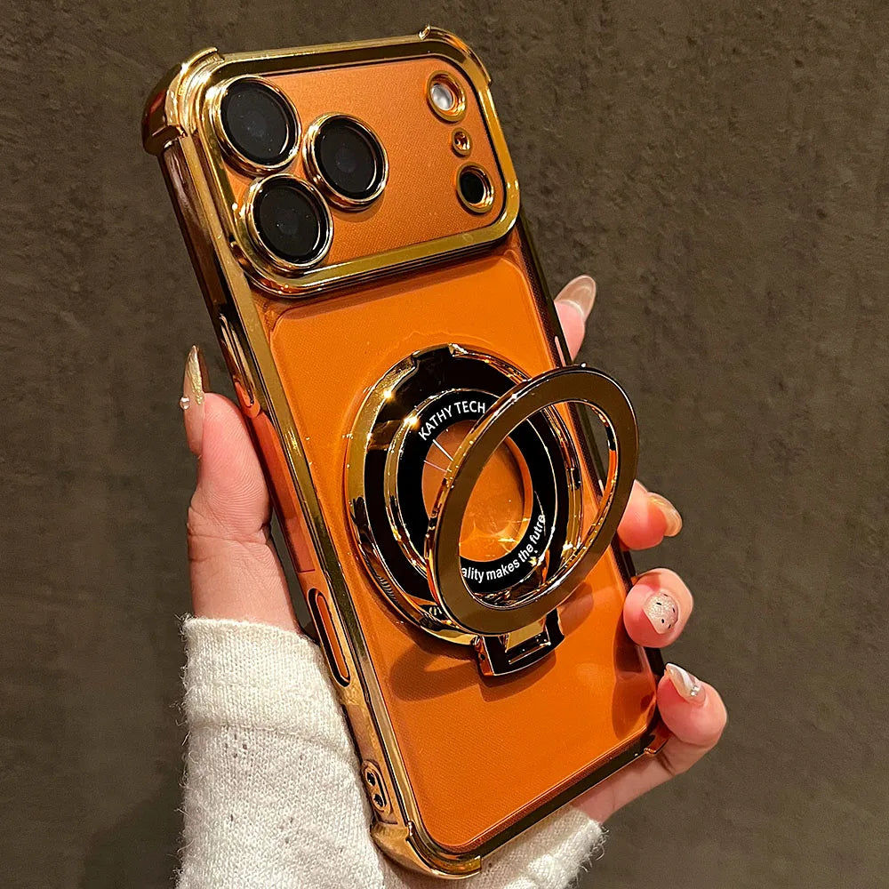 Premium Transparent Magnetic TPU Case for iPhone 17 16 15 14 13 12 11 Pro Max 16Plus Air With Ring Stand Plated Clear Soft Cover