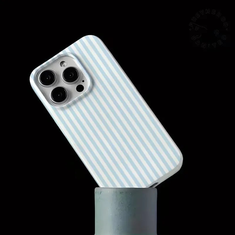 Fresh Blue and White Striped Glossy Phone Case for iPhone 11 12 13 14 15 16 17 Pro Max 17 Air 16E Soft Casing Shockproof Cover