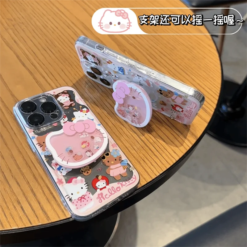 For iPhone 17 Pro 16E 16 13 12 mini 11 14 15 Pro Max Cute Hello Kitty Cartoon Shakeable Grip Tok Holder Transparent Phone Case