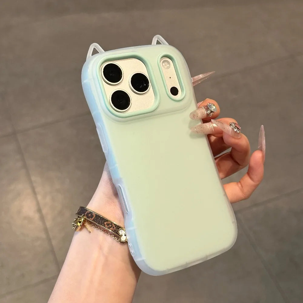 Cute Cartoon Cat Ear 2in 1 Case for iPhone 15 16 17 Pro Max 14 13 12 11 Jelly Candy Color Matte Soft TPU Shockproof Slim Cover