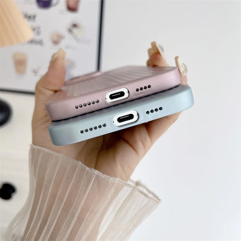 Natural Titanium PC Phone Case For iPhone 16E 12 13 14 15 16 Pro Max Plus Electroplated Grating Corrugated Hard Shockproof Cover