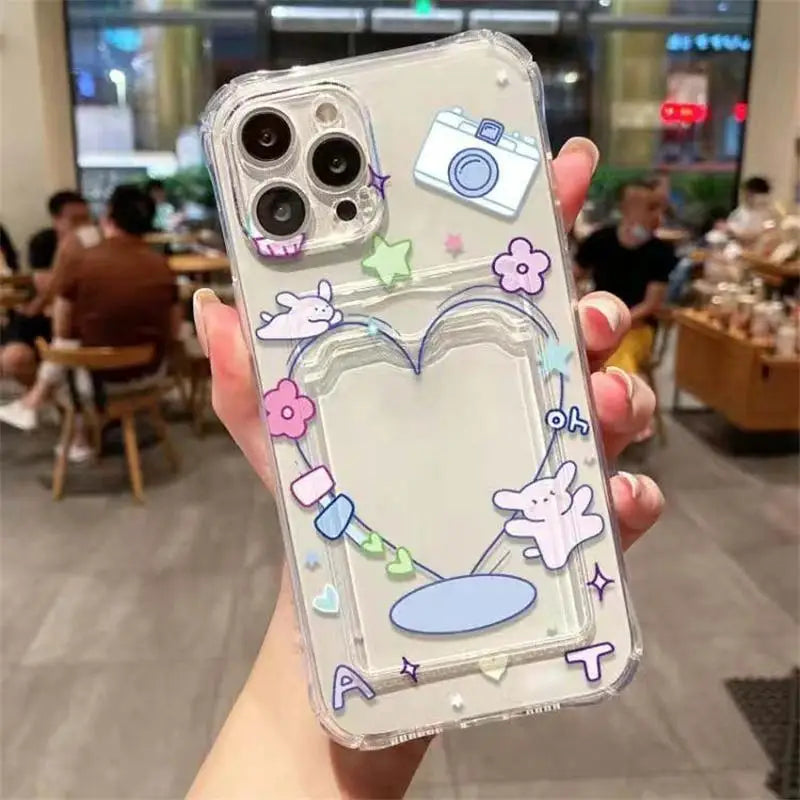 Cartoon Cute Rabbit Bear Card Holder Slot Bag Clear Phone Case For IPhone 17 Air 16 15 14 12 11 Pro Max 13 Mini Plus Soft Cover