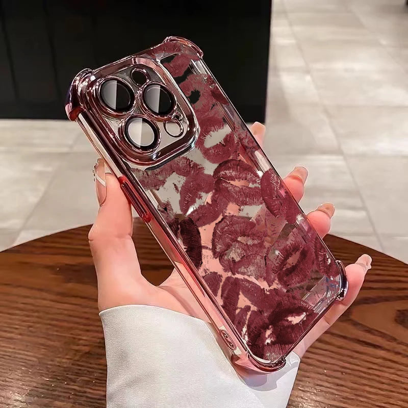 Trendy Retro Wine Red Lip Print Case For Samsung Galaxy S25 FE S26 Edge S24 S22 S23 S21 Plus S20 Ultra Plating Airbag Soft Cover