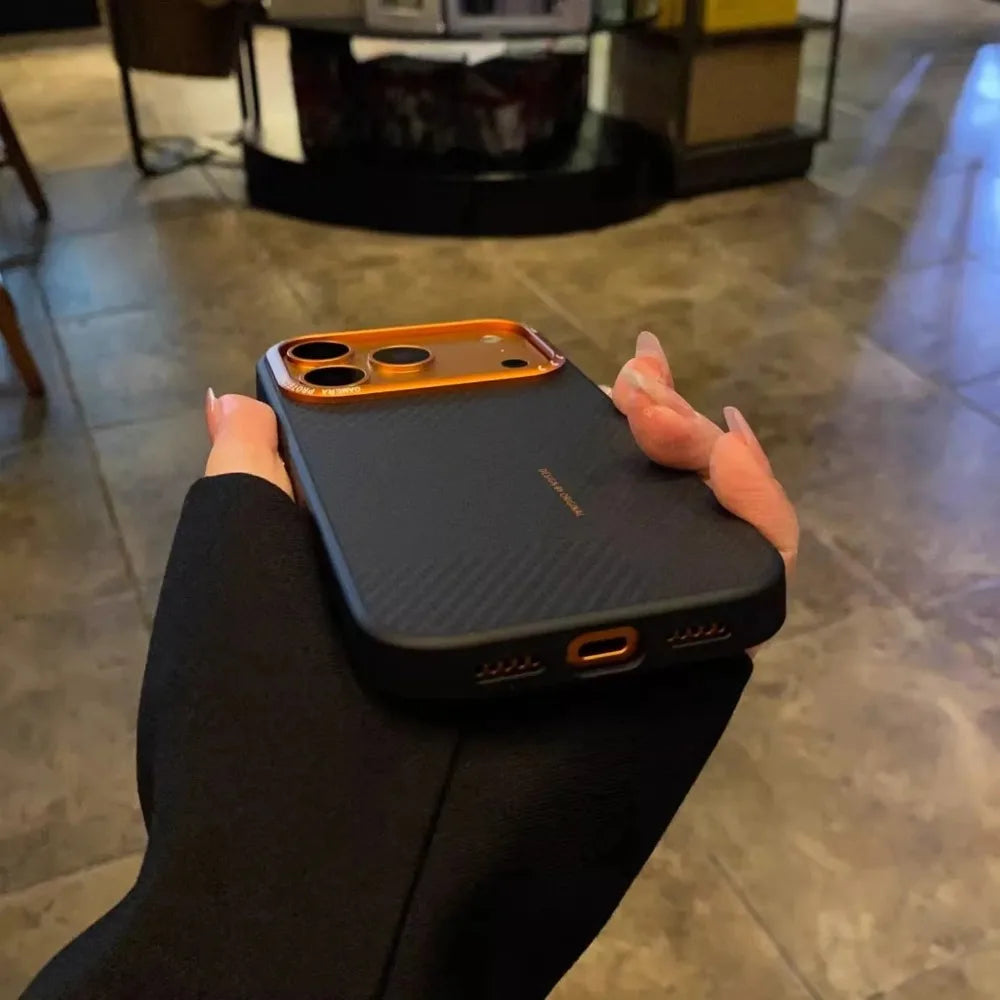 Matte Carbon Fiber Texture Case For iPhone 17 16 15 14 Pro Max Metal Camera Lens Protector Invisible Magnetic Charging Cover