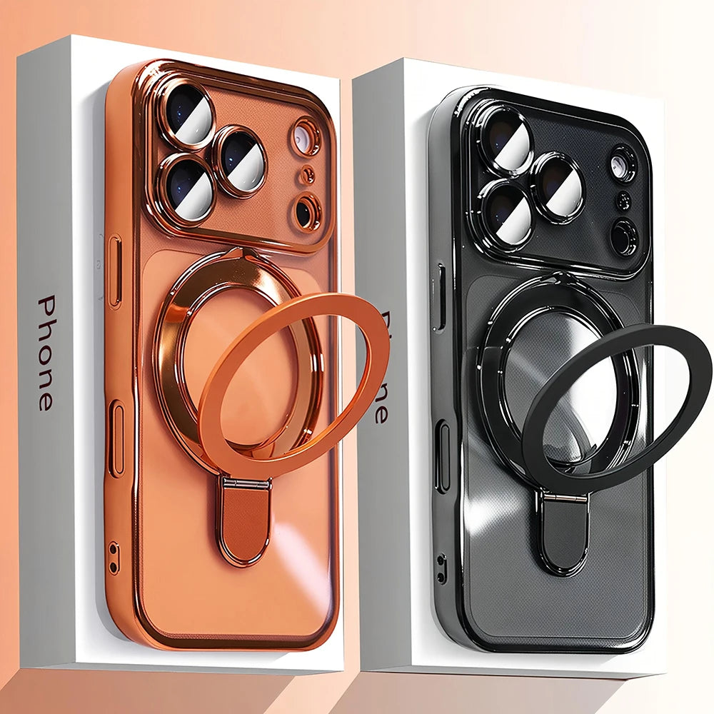 Luxury Plating Magnetic Bracket Phone Case For iPhone 17 16 15 14 13 Pro Max 17Pro Cases For Magsafe Stand Holder Clear Cover