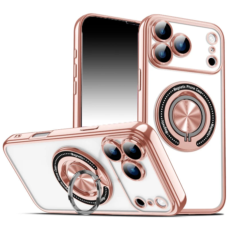 For Magsafe Magnetic 360°Rotat Metal Holder Ring Plating Border Phone Case For iPhone 17 Pro Max Air 15 11 12 13 14 16 Pro Max E