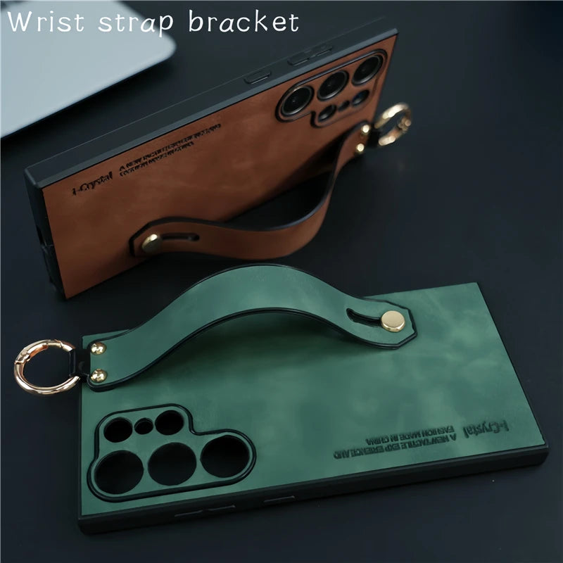 Suede Lambskin Leather Wrist Strap Phone Case For Samsung S26 Ultra S24 S23 S22 S21 Plus Shockproof Cover For Samsung S25 Ultra