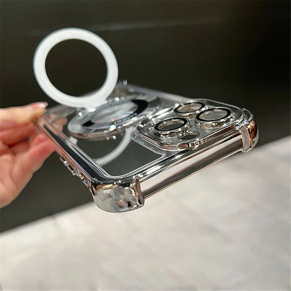Luxury Plating Shockproof Magnetic Bracket For Magsafe Clear Case For iPhone 17 16 15 14 13 12 Pro Max With Holder Stand Cover