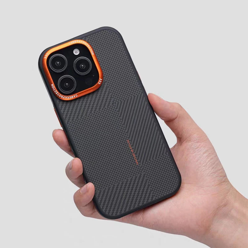 Matte Carbon Fiber Texture Magnetic Case For iPhone 17 16 15 Pro Max Wireless Charging Alloy Lens Shockproof for MagSafe Cover