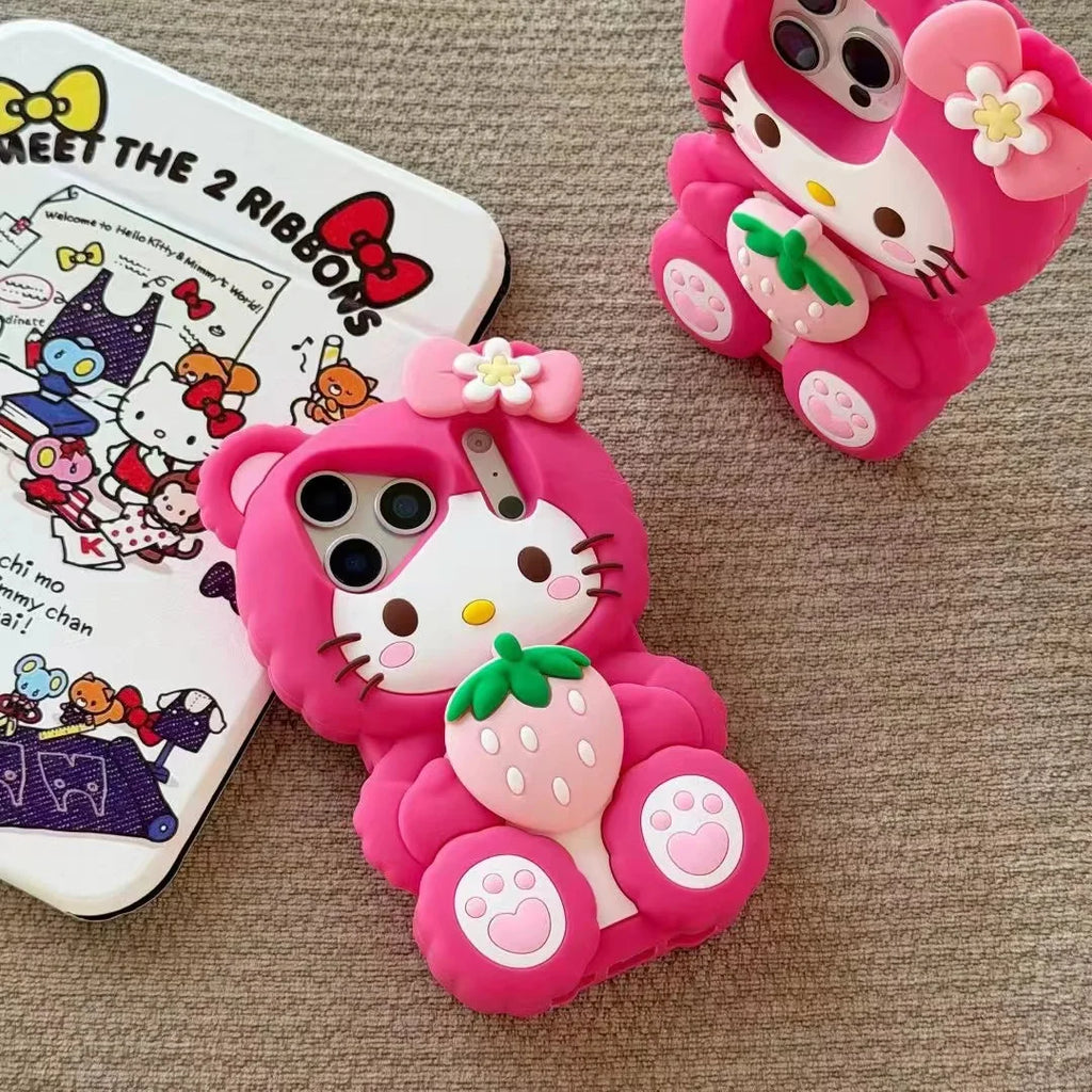 For iPhone 17 Promax 16 15 14 13 12 Pro Max Phone Case 3D Sanrio Hello Kitty Strawberry Cartoon Y2k Soft Silicone Cover