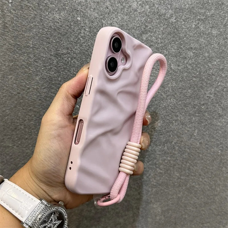 Luxury Wrinkle Matte Wrist Strap Case for iPhone 16 15 14 17 Pro Max Air 13 12 11 Lanyard Candy Solid Color Ripple Soft Cover