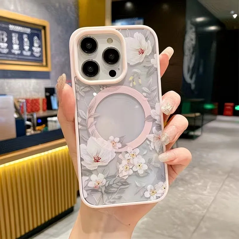 Fashion Flower Wireless Charging Phone Case For iPhone 17 16 15 14 13 12 11 Pro Xs Max Plus Air Mini XR X 17e 16e Magsafe Cover
