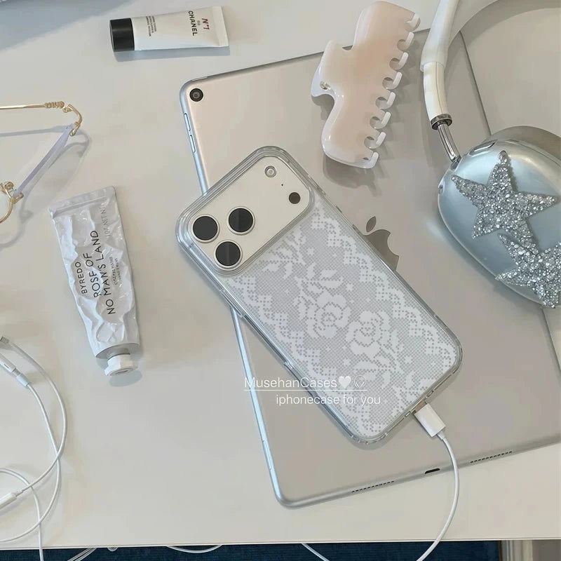 Ins Ancient Art Retro Lace Rose Exquisite Phone Case For iPhone 17 AIR 16 15 14 13 12 11 Pro XSMAX MINI XR 7 8 Plus Y2K Cover