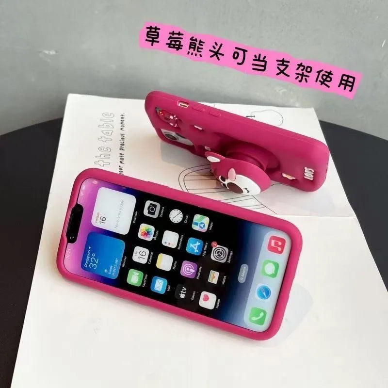Cartoon lotso Bear Cute Soft Silicone Case For iphone 17 16 15 14 13 12 11 Pro Max XSMAX XR 6 7 8 Plus With Stand Holder Cover