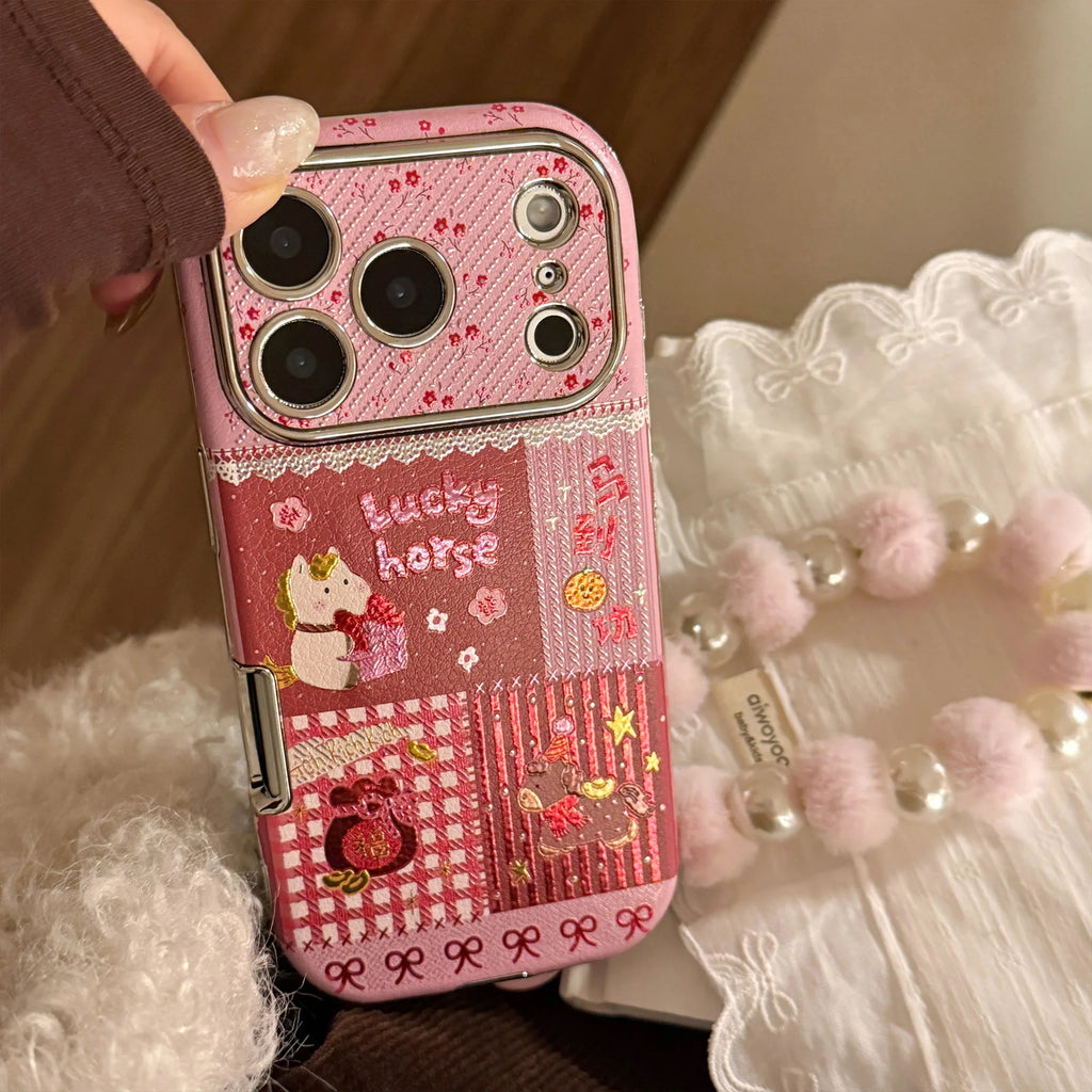 2026 lucky rich horse leather 3D back cover bracelet phone case for iphone 13 14 15 promax 16 17 pro max cover