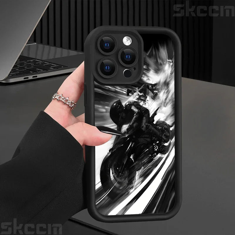 Fashion Black Biker Motorcycle Phone Case For iPhone 16 Pro Max 15 14 13 12 11 7 8 Plus X XS XR Shockproof Silicone Soft Cover