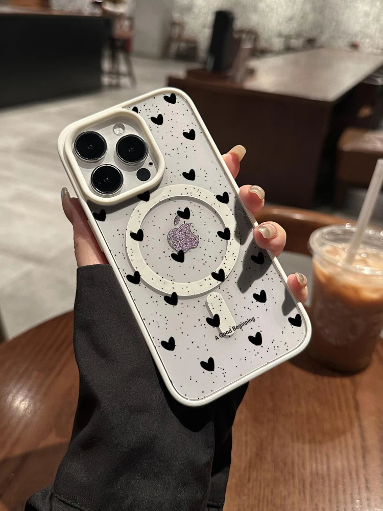 Simple Heart Polka Dot Clear Case For Magsafe iPhone 14 Pro Max 17 15 14 11 13 12 ProMax Plus Cases Wireless Charing TPU Fundas