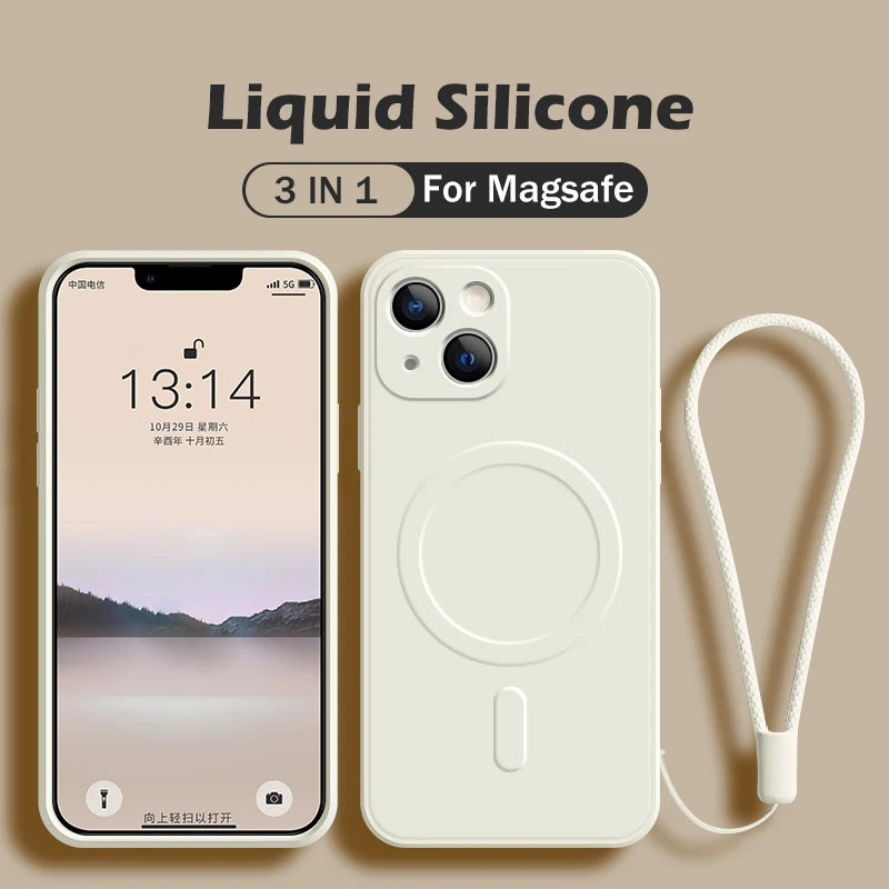 For Magsafe Magnetic Wireless Charge Case For iPhone 17 16 15 14 13 12 Pro Max Mini 16e 17 Air Soft Liquid Silicone Strap Cover