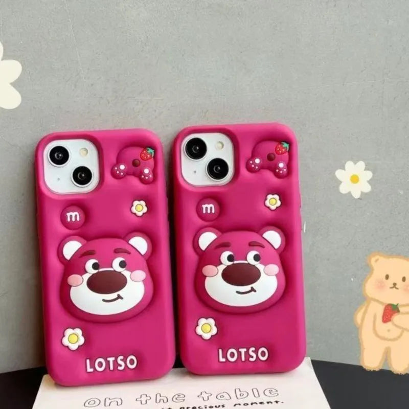Cartoon lotso Bear Cute Soft Silicone Case For iphone 17 16 15 14 13 12 11 Pro Max XSMAX XR 6 7 8 Plus With Stand Holder Cover