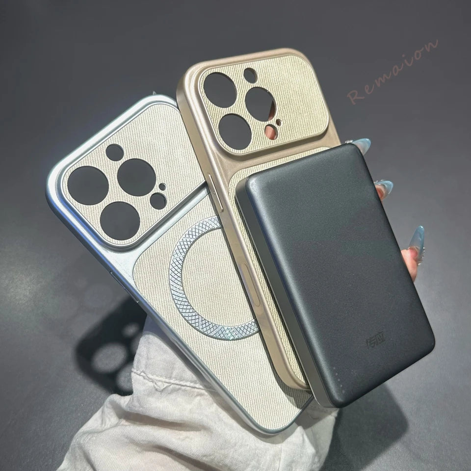 Big Windows Magnetic Phone Case For iPhone 13 14 15 16 17 Pro Max Magsafe Luxury Canvas Cloth Shockproof Protector Cover