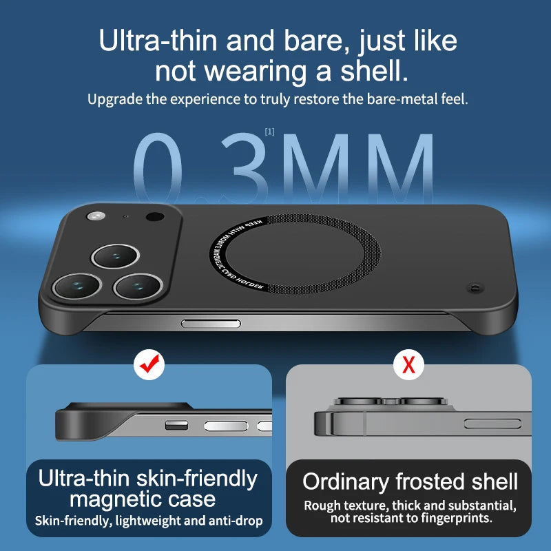 Frameless Ultra Thin Magnetic Phone Case For iPhone 17 Air 16 16E 15 14 Plus 13 12 11 Pro Max For Magsafe Soft PC Back Cover