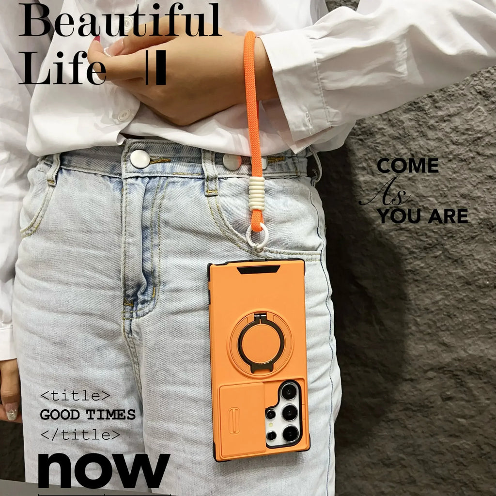 Armor Case For Samsung Galaxy A06 A26 A05 A56 A36 A16 A55 A35 A15 A54 4G 5G With Lanyard Ring Stand Slide Camera Protect Cover