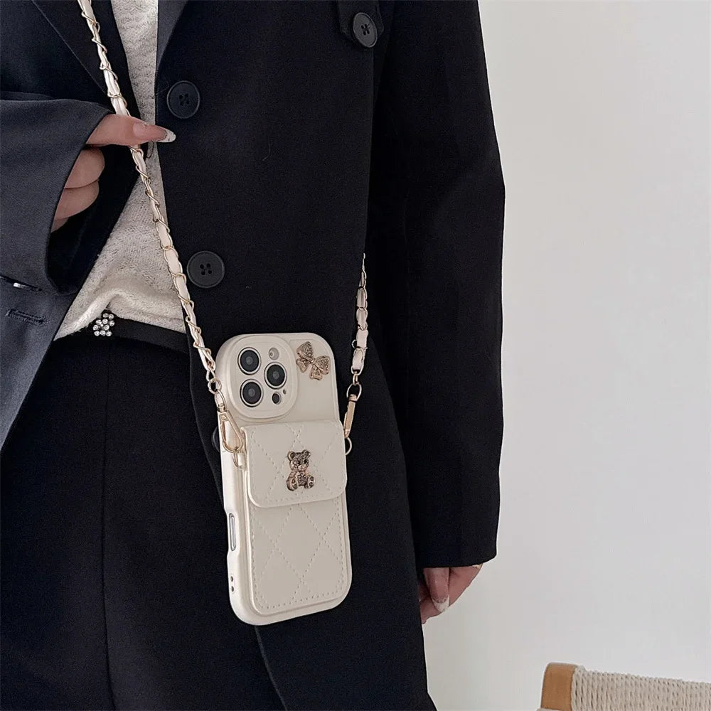 3D Cute Bear Wallet Card Holder Crossbody Lanyard Case For iPhone 17 Air 16 Pro Max 14 12 11 13 15 Plus X XS SE 2020 2022 6 7 8