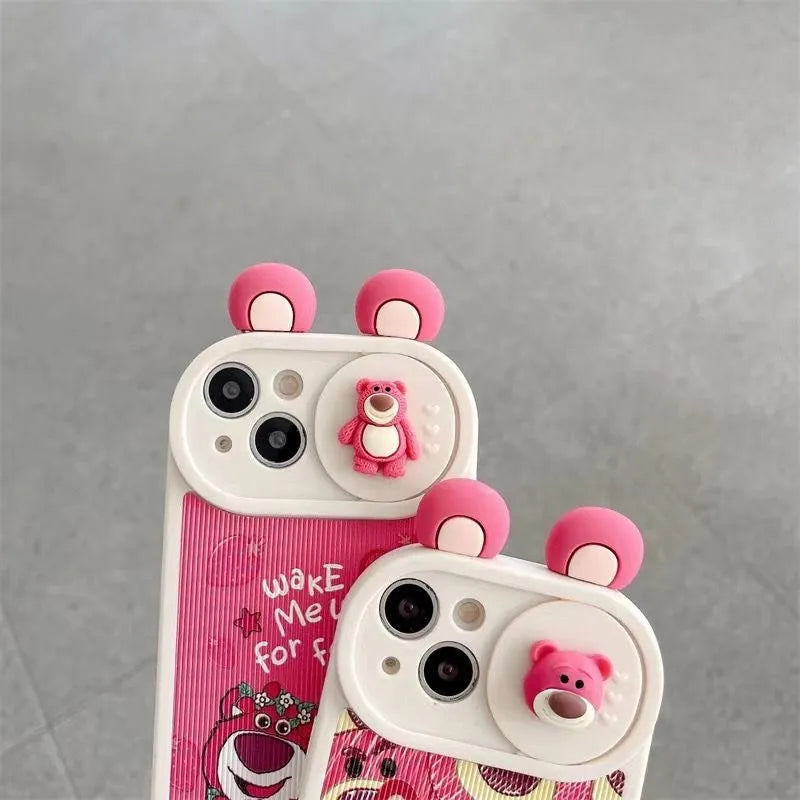 Disney Kawaii 3D Lotso Bear Slide Lens Cover Phone Case for iPhone 11 12 13 14 15 16 Pro Max Cute Pink Cover