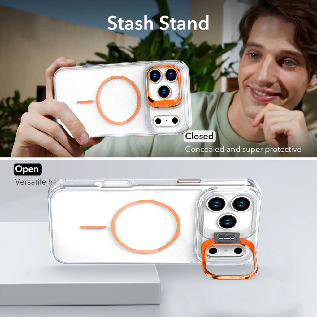 For Magsafe Transparent Phone Cases For iPhone 17 Pro Max Air 14 15 Plus 11 13 12 16 Pro 16E Camera Metal Holder Protector Cover