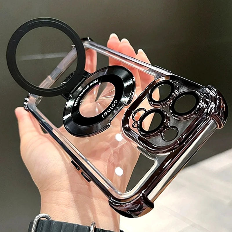Luxury Shockproof For Magsafe Clear Case For iPhone 17 Pro Max Air 11 12 13 14 15 16 Plus Plating Magnetic Holder Stand Cover