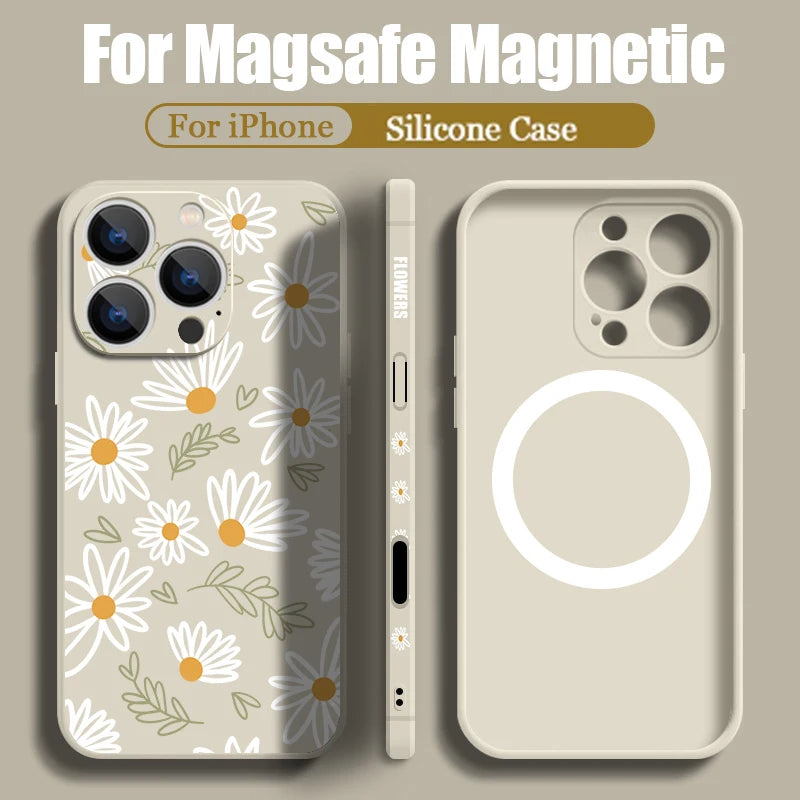 White Flowers Magnetic Case For iPhone 17e 17 16 15 14 13 12 Pro Max 11 16e For Magsafe Wireless Charge Soft Lanyard Phone Cover