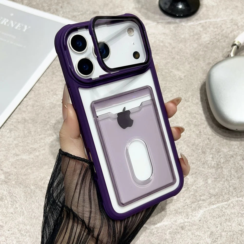 Luxury Slot Card Holder Wallet Clear Case For iPhone 11 12 13 14 15 16 17 Pro Max Air Fold Lens Stand Holder Shockproof Cover