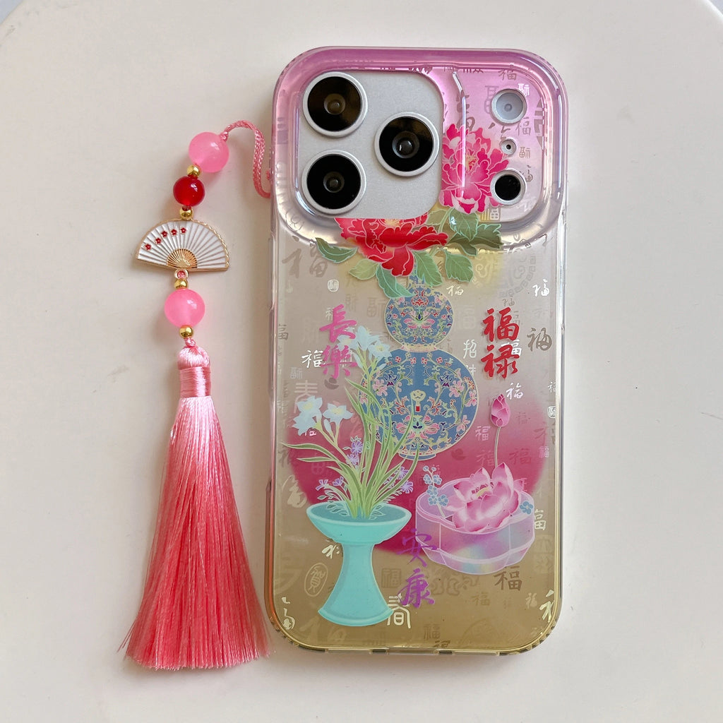 Traditional Chinese Gradient Peony & Lantern Pink Fan Tassel Phone Case for iPhone 17 16 15 14 11 12 13 Pro Max Plus Back Cover