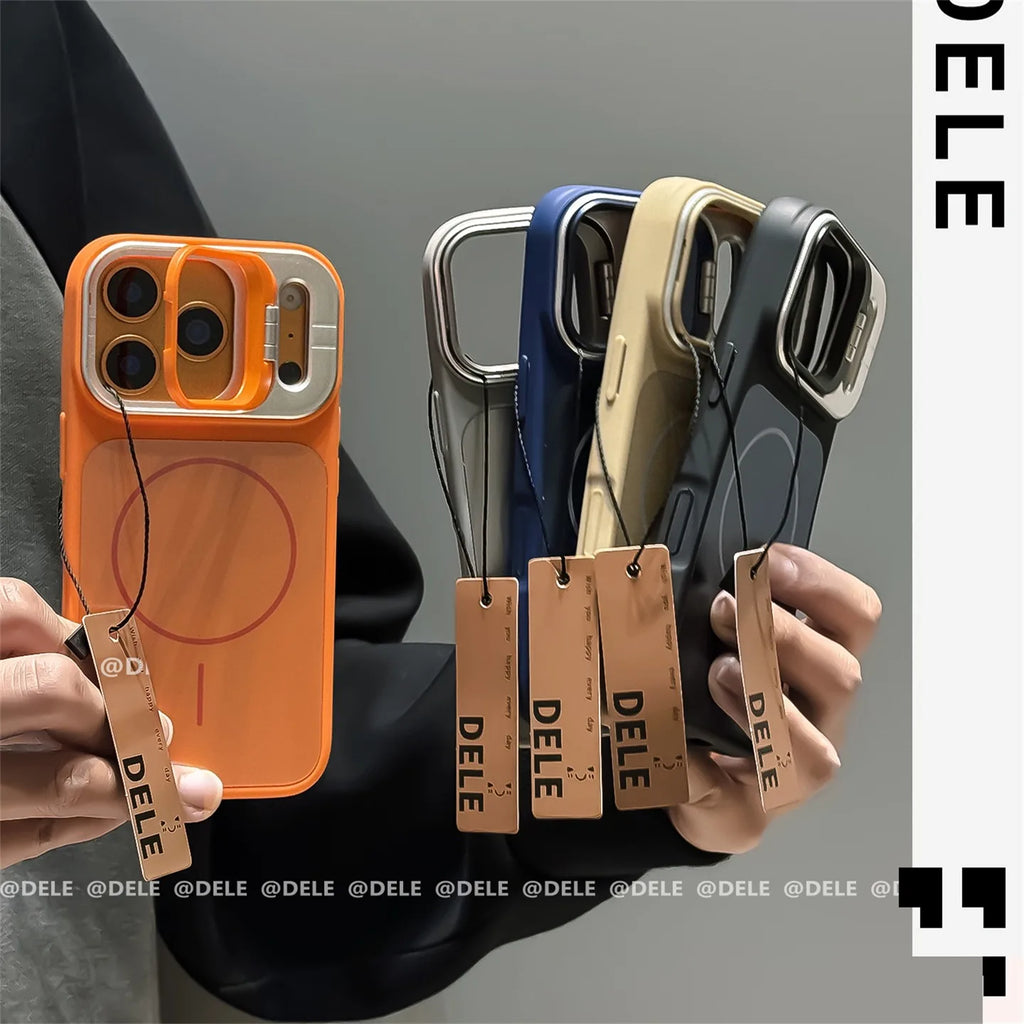 Metal Stand Holder Original Liquid Silicone Case for iPhone 17 Air 16 15 14 Plus 13 12 11 Pro Max Magsafe Soft Shockproof Cover