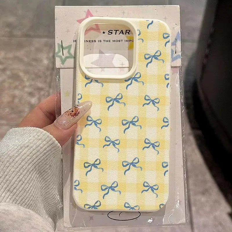 Korean Yellow Plaid Blue Bowknot Phone Case For iPhone 17 16 15 Pro Max 14 13 12 11 Leather Texture Shockproof Cute Girly Coque