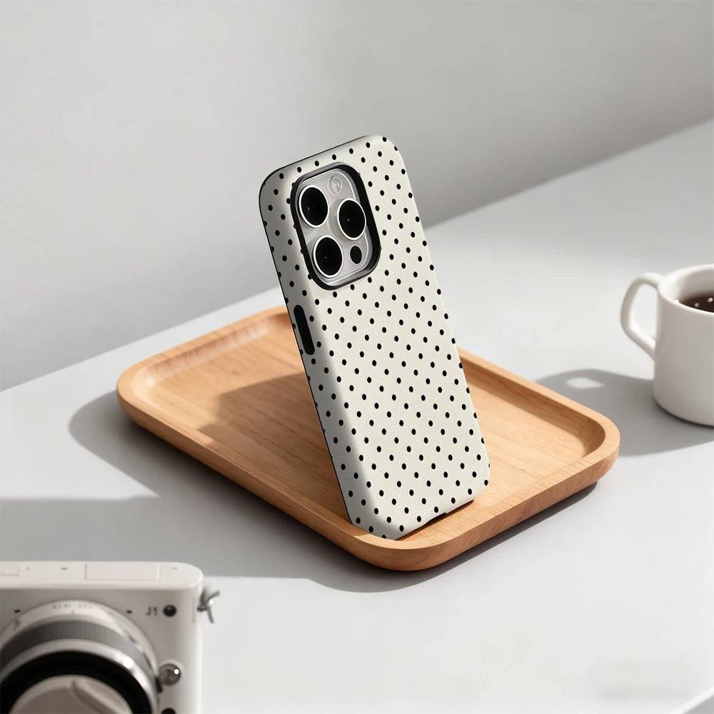 Classic Black Polka Dots Cream Phone Case for iPhone 17 16 15 14 13 12 11 X XS 8 Air Pro Max Plus Luxury Double-layer Back Cover