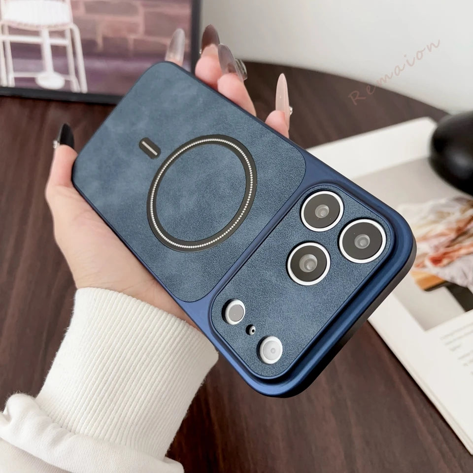 Leather Magnetic Big Windows Phone Case For iPhone 17 13 14 15 16 Pro Max Air 17Pro Magsafe Wireless Charging Protector Cover