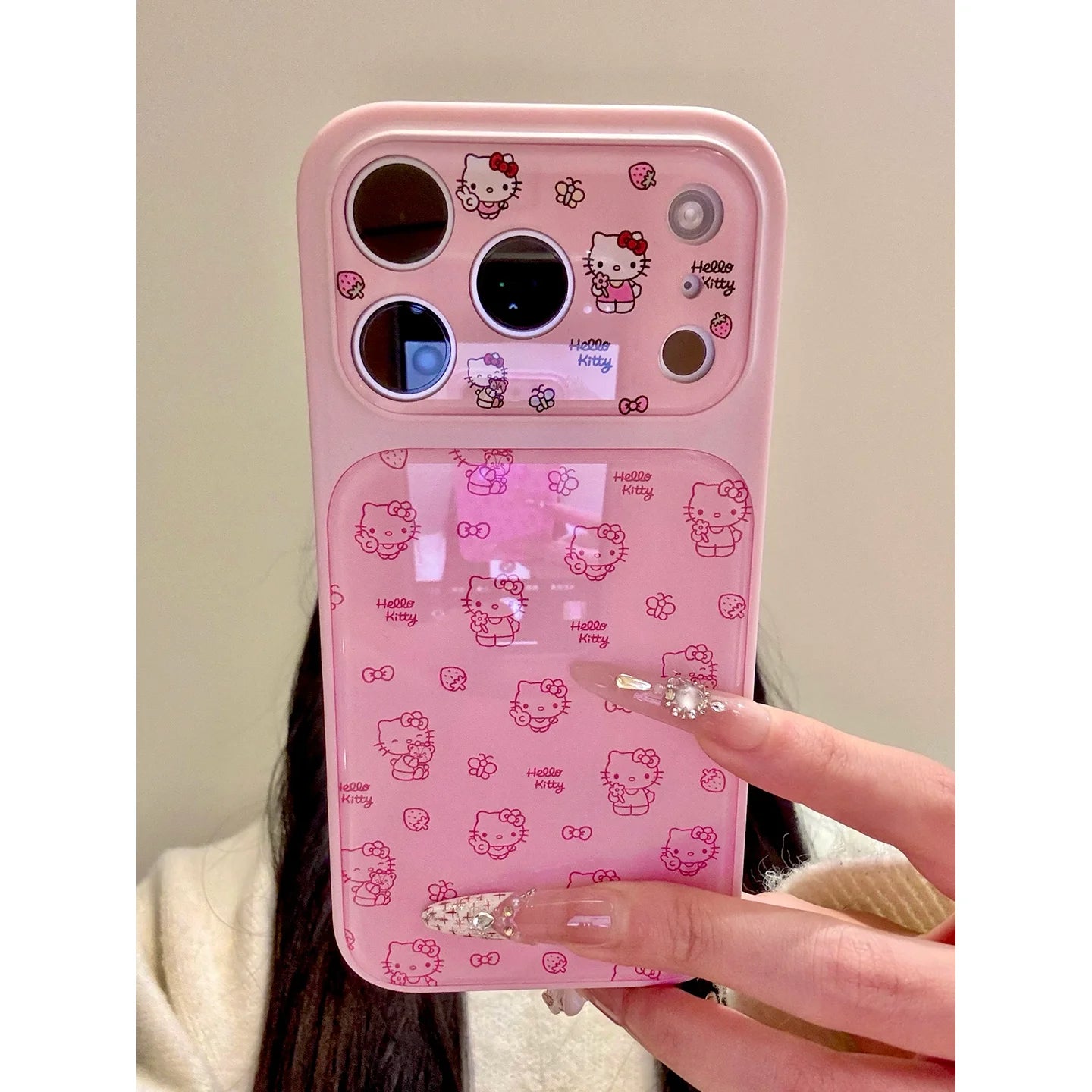 Cute Pink Sanrio Full Screen KT Camera Protection Phone Case For iphone 17 16 15 14 Pro Max Acrylic Shockproof Hard Back Cover