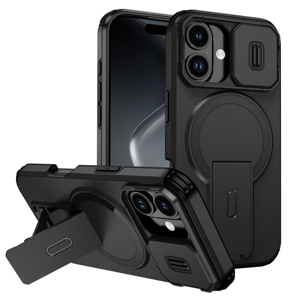Magnetic Kickstand Heavy Duty Case For iPhone 17e 17 16e 16 Pro Max 15 + 14 13 12 11 pro Sliding Camera Lens Protector Cover