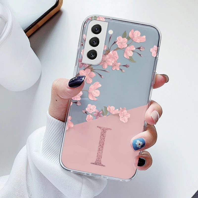 For Samsung Galaxy S21 S23 FE Plus Ultra Phone Case Soft Slim Luxury A-Z Letters Back Cover Funda Clear Bumper Transparent Shell