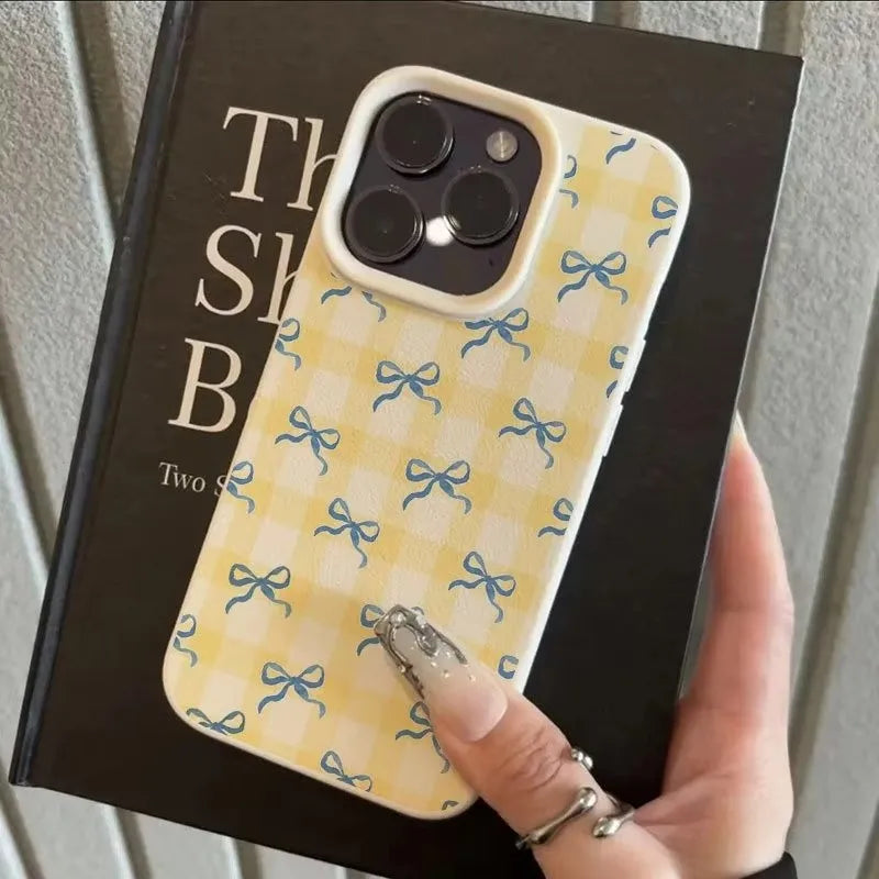 Korean Yellow Plaid Blue Bowknot Phone Case For iPhone 17 16 15 Pro Max 14 13 12 11 Leather Texture Shockproof Cute Girly Coque