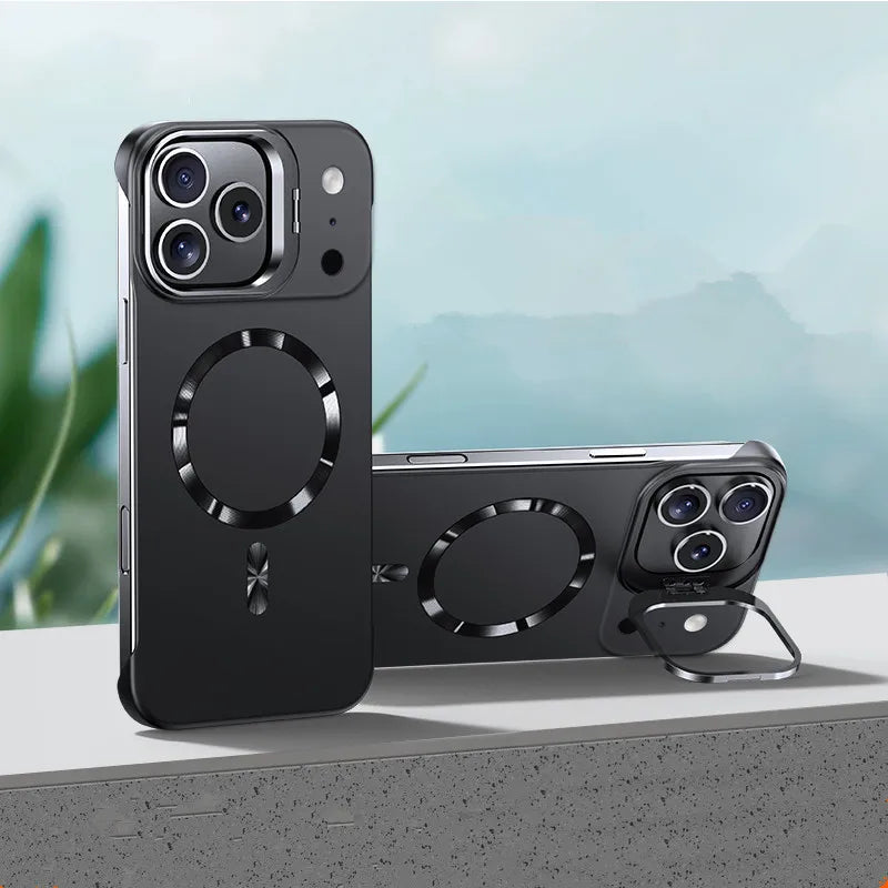 Matte PC Metal Camera Bracket Holder PC Case For iPhone 17 Pro Max Air 16 15 17Pro Frameless Plastic Shockproof Armor Cover