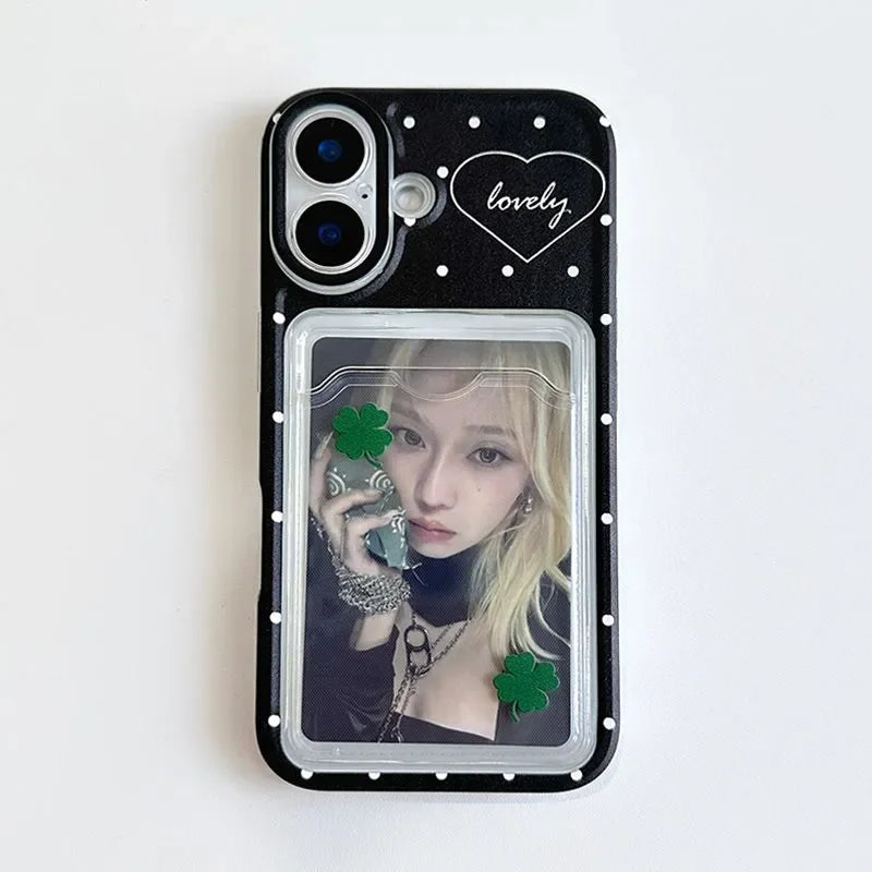 Korean ins Cute Polka Dot Cartoon Clover Card Set Phone Case For iPhone 17 AIR 16 15 14 13 12 11 Pro XR Max 7 8 Plus Y2K Cover ﻿